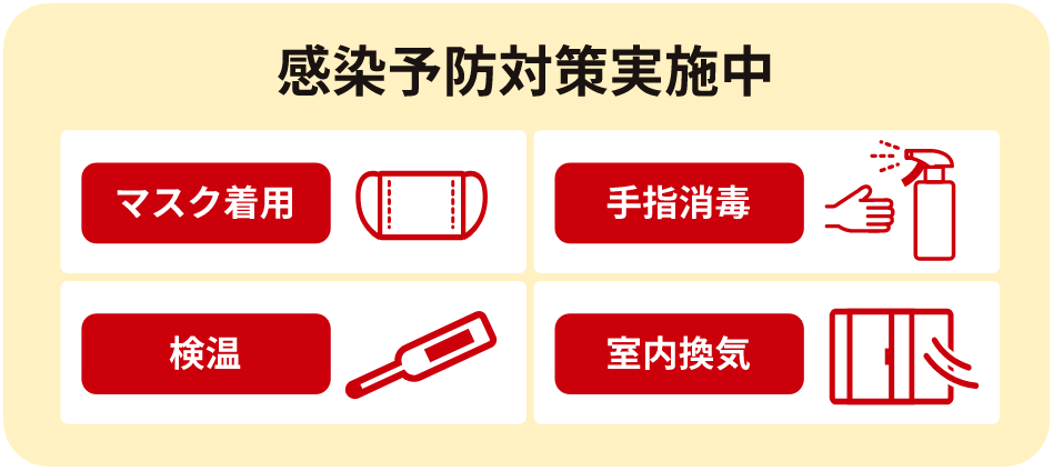 マスク着用、手指消毒、検温、室内換気などの感染予防対策実施中